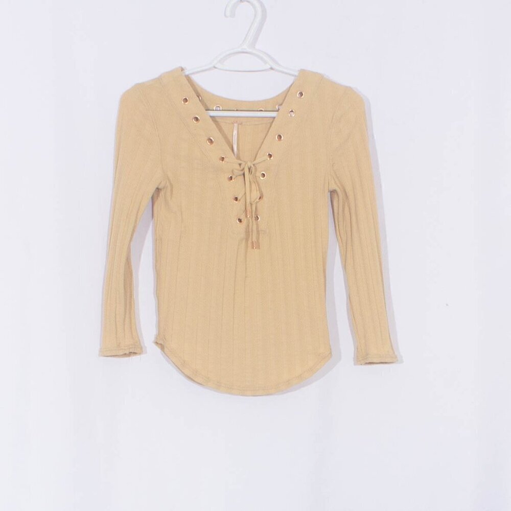 FREE PEOPLE Boho 70s Western Ice Cold Ribbed Lace Up Top Size S - Picture 5 of 9